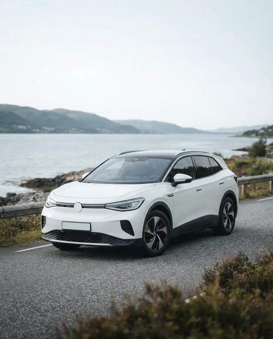 Hvit SUV parkert ved fjorden i Trøndelag
