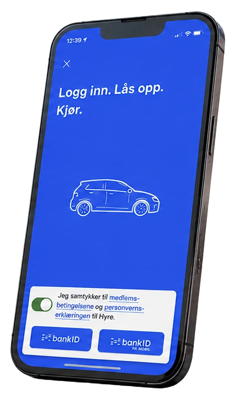 Skjermbilde av Hyre-appen: innlogging med BankID på en blå skjerm